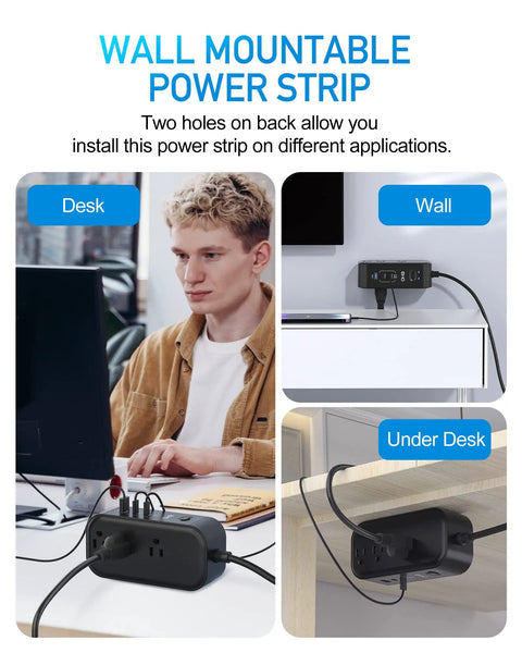 Wall mountable On-The-Go 9-In-1 PD 65W USB-C Power Strip with 6 AC outlets shown in desk, wall, and under desk setups.