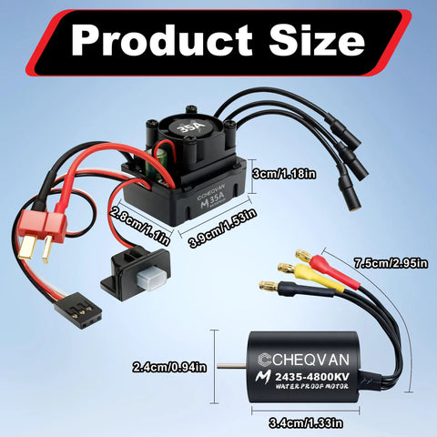 Dimensions of High Torque 4800KV Brushless Motor and 35A ESC Combo For Traxxas RC cars with wiring details.