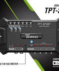 Bluetooth DSP Car Audio Processor With Four Output Channels Full Digital Signal Processing Smartphone Control Built In Voltmeter And Remote Relay For Aftermarket And Factory Radios, TPT-SP4BT model, features labeled, front view