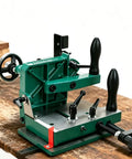 Heavy Duty Table Saw Tenoning Jig Built Rock Solid For Accurate Mortise Cutting And Fast Grip Setup That Saves Hours On Rough Framing Or Fine Custom Joinery Shop Work, green steel jig on wood table.