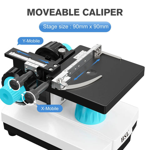 Monocular Compound Microscope Kit For Students And Adults With Dual LED Illumination, moveable caliper stage, 90mm x 90mm