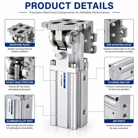 Heavy Duty 90 Degree Flip Pneumatic Cylinder Rotary Actuator For Injection Molding Manipulators And Automated Pick And Place Systems Built Tough Straight Up Reliable Plug And Play Ready with aluminum alloy body and rotary hinge.