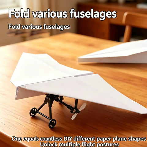 Turn Paper Planes Into A Dope Remote Control Flyer With Gyro Stabilizer, DIY glider with dual propellers on wooden table.