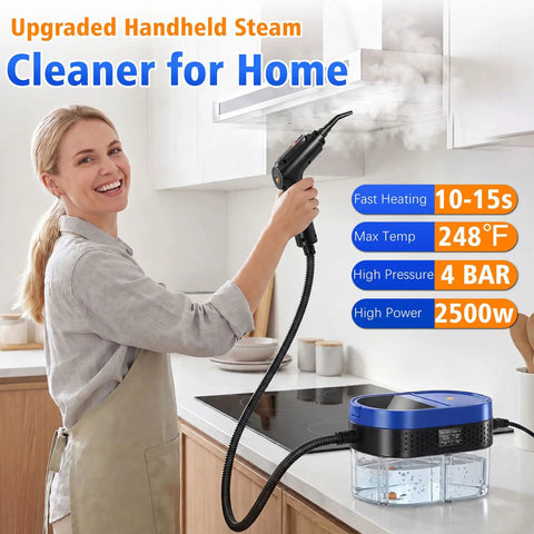 Woman using Handheld Steam Cleaner For Home And Car, 2500W High Pressure Hot Steamer, cleaning kitchen vent with steam.