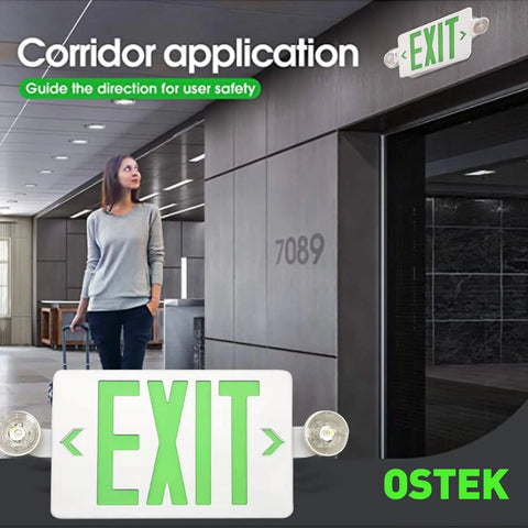 Two Pack Green LED Exit Sign With Emergency Lights And Battery Backup in a corridor, guiding safe egress during outages.