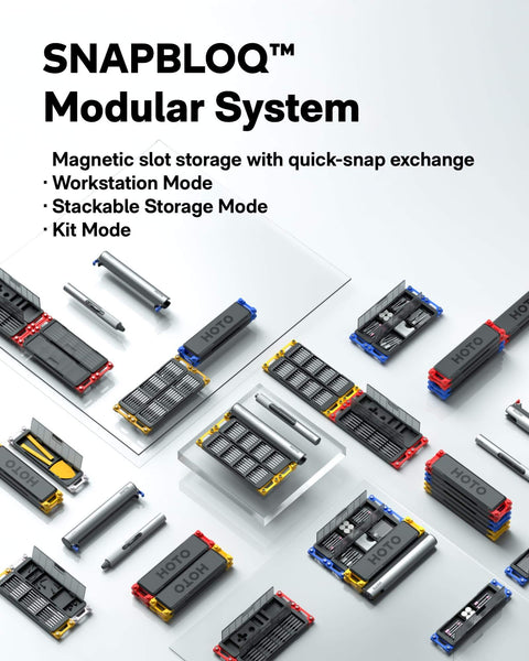 Multiple SNAPBLOQ modular magnetic slot storage systems displayed in various configurations including workstation and stackable modes.