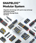 Assorted components of SNAPBLOQ modular system showing magnetic slot storage with quick-snap exchange in various configurations.