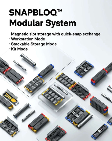 Assorted components of SNAPBLOQ modular system showing magnetic slot storage with quick-snap exchange in various configurations.