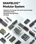 Snapbloq modular system with magnetic slot storage featuring quick-snap exchange in workstation, stackable storage, and kit modes.