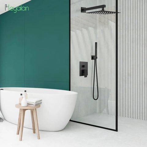 Square Rain Shower System 10 Inch Matte Black With 2 In 1 Handheld Sprayer And Fixed Head Wall Mount Rough In Valve High Pressure Shower Fixture Kit Including Arm Hose Holder installed in modern bathroom