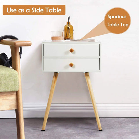 Killer White Industrial End Tables And Nightstands Set Of Two With Smooth Glide Drawers For Your Prime Bedroom Vibe Big Time Storage Bedside Side Tables Solid Wood Frame Totally Lightweight, featuring a side table with two drawers.