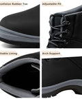 Close-up views of black Go-To Water Resistant Lightweight Hiking Boots For Men showcasing anti-collision rubber toe, adjustable fit, breathable lining, and arch support.