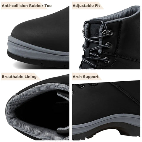 Close-up views of black Go-To Water Resistant Lightweight Hiking Boots For Men showcasing anti-collision rubber toe, adjustable fit, breathable lining, and arch support.