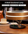 Bedside Lamp With 10W Wireless Charger And Bluetooth Speaker, Digital Clock, Stepless Dimming, on wooden table.