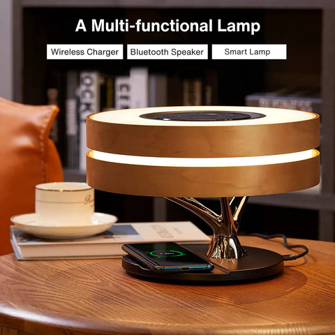 Bedside Lamp With 10W Wireless Charger And Bluetooth Speaker, Digital Clock, Stepless Dimming, on wooden table.