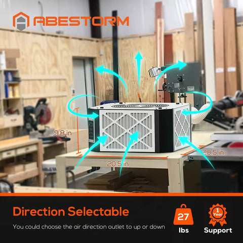 360 Degree Filtration System For Woodworking With Vortex Fan And 1050 To 1350 CFM Dual Speed Hanging Dust Collector in a woodshop