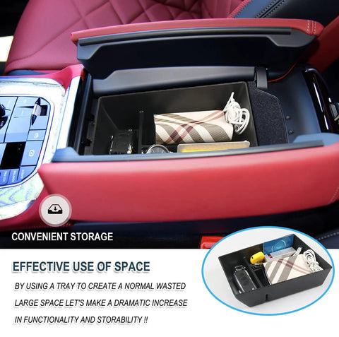 BMW Center Console Organizer Tray for 2020 to 2026 X5 X6 X7 Models installed in armrest, black storage box with items inside