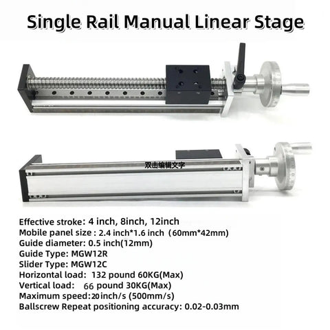 Image of Pro Grade Manual Linear Rail Guide Stage With 4 Inch Travel, 100mm Platform, 0.02mm Repeatability, SFU1605 Ballscrew, XY Axis Positioning Table, Aviation Aluminum Body, Stainless Steel Rods, Includes Handwheel, Ruler And Base, showing detailed specifications and components.