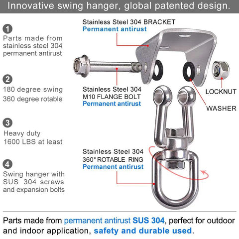 Heavy Duty Stainless Steel Swing Hanger Ceiling Mount With Free Swivel Hook Hardware Kit For Yoga Swing Hammock Chair Porch Swing Sets Up To 1000 Lb Capacity Rustproof SUS 304 exploded view