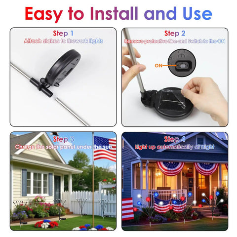 Step-by-step guide on installing Solar Powered Patriotic American Flag Lights 4 Pack for outdoor garden decor.