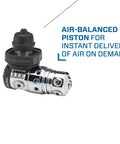 Air Balanced Flow-Through Piston Regulator With Chrome Brass Body DIN Connection shown with text about air delivery.