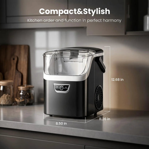 No Sweat Countertop Nugget Ice Maker Grinds Out 35 Pounds Of Smooth Crushed Pebble Ice Daily With Lightning Fast Five Minute Batches and A Roomy Built In Water Reservoir on kitchen counter.