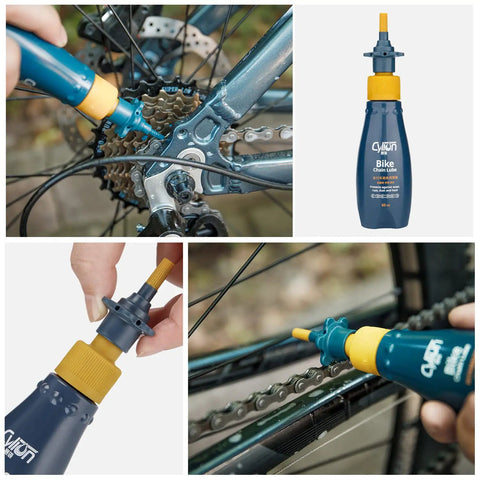Applying lubricant from Bike Cleaning Kit With Chain Scrubber Degreaser Chain Lube Wheel Brush Claw Brush And Cleaning Agent