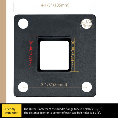 Heavy Duty Steel Fence Base Flange Kit For 2 Inch Square Posts with dimensions marked on a black flange plate.