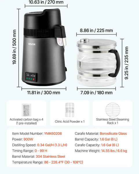 Smooth Sippin Water Distiller With Built Tough Stainless Core And Crystal Clear Glass Pot, 900W, 8 gal daily, black and clear.
