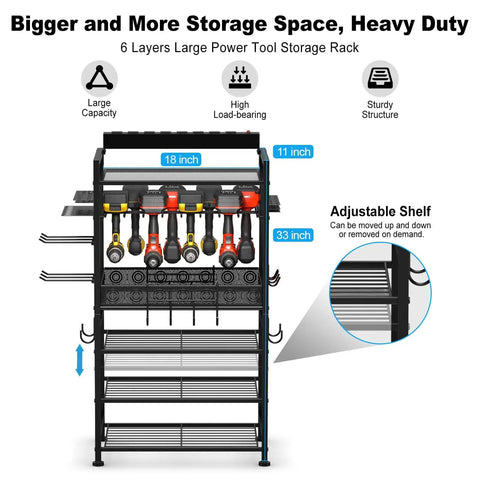 Front view of Power Tool Organizer Floor Stand With Charging Station For Garage Adjustable Storage Rack and 8 Outlet Power Strip