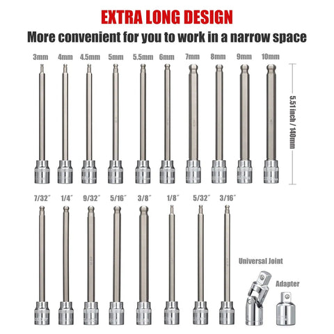 Three Eighths Inch Drive Long Ball End Hex Socket Set, Twenty Piece SAE And Metric Allen Bits, S2 Steel Kit Display