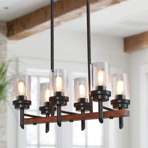 Six Light Rustic Wagon Wheel Chandelier With Hemp Rope And Seeded Glass Shades Farmhouse Metal Pendant Lighting in dining room