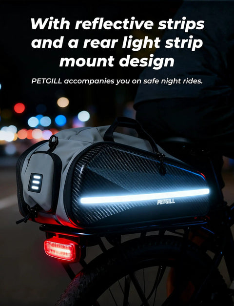 Cyclist at night using 40L Hard Shell Ebike Battery Bag For Rear Rack Waterproof Storage Case with Reflective Strips and light