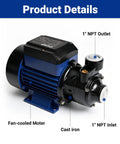 Heavy Duty 1/2Hp Cast Iron Water Transfer Pump Delivers 570Gph Steady Flow And 118Ft Head To Boost Household Pressure For Garden Irrigation Pond Refilling With Totally No Sweat Vortex Operation, showing fan-cooled motor and inlet outlet ports.