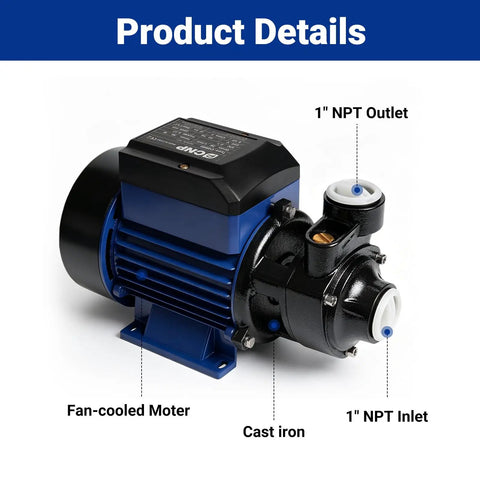 Heavy Duty 1/2Hp Cast Iron Water Transfer Pump Delivers 570Gph Steady Flow And 118Ft Head To Boost Household Pressure For Garden Irrigation Pond Refilling With Totally No Sweat Vortex Operation, showing fan-cooled motor and inlet outlet ports.
