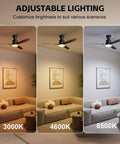 Five Blade Ceiling Fan With Remote And Light Kit For Indoor And Outdoor Use Matte Black Motor Housing With White Glass Lampshade 52 Inch Sloped Ceiling Compatible Up To Fifteen Degrees Patio Friendly Ideal For Bedroom Or Living Room showing adjustable lighting settings 3000K, 4600K, 6500K
