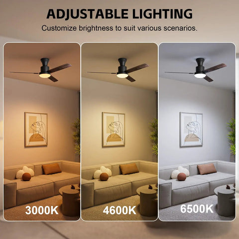 Five Blade Ceiling Fan With Remote And Light Kit For Indoor And Outdoor Use Matte Black Motor Housing With White Glass Lampshade 52 Inch Sloped Ceiling Compatible Up To Fifteen Degrees Patio Friendly Ideal For Bedroom Or Living Room showing adjustable lighting settings 3000K, 4600K, 6500K