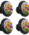 Four Pack Fresh Watercolor Retro Floral Cabinet Knobs With Hella Durable Crystal Glass Handles and Sturdy Mounting Screws for Kitchen Drawers Dresser Cupboards and Wardrobe Decor. Colorful floral design on round glass knobs.