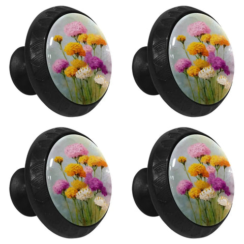 Four Pack Fresh Watercolor Retro Floral Cabinet Knobs With Hella Durable Crystal Glass Handles and Sturdy Mounting Screws for Kitchen Drawers Dresser Cupboards and Wardrobe Decor. Colorful floral design on round glass knobs.