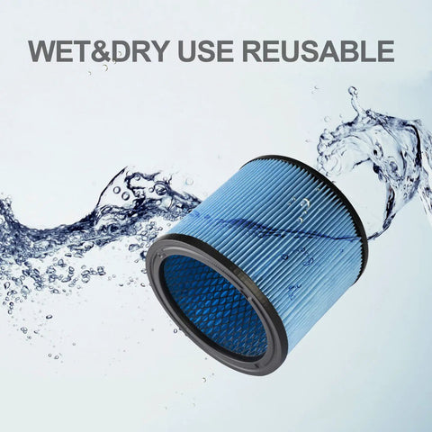 High Performance Vacuum Cartridge Filter For Five To Sixteen Gallon Wet Dry Vacuums With Nanofiber Filtration Reusable One Pack shown with water splash