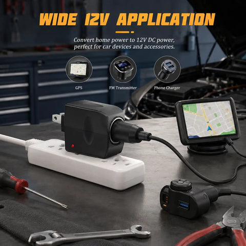 Pretty Slick AC To DC Car Adapter Turns Home Outlet Into 12V Cigarette Lighter Jack With Glowing LED Beacon Compact Portable Power Supply Fits Glove Box Sweet For Road Trips And Daily Commutes used to power GPS and phone charger.