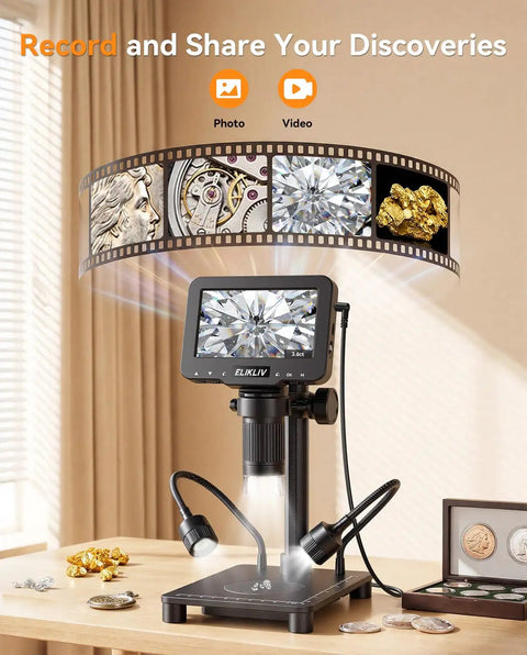 Coin Microscope With Built In 0.1g Weighing Scale Up To 300g 12MP Camera 4.3 Inch LCD Display 1080P Video Digital Magnifier For Error Coins Jewelry Inspection With LED Lights USB PC View For Collectors, tabletop view