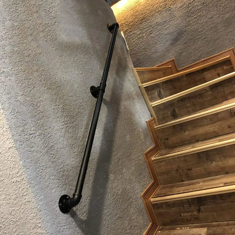 Dead Easy Install Wall Mounted Stair Handrail Industrial Pipe Style Wrought Iron Finish Black Anti Slip Safety Railing on staircase.