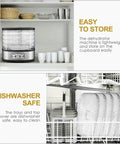 Hassle Free Countertop Electric Food Dehydrator With Five Generous Removable Trays and a Simple Digital Dial stored in cupboard.