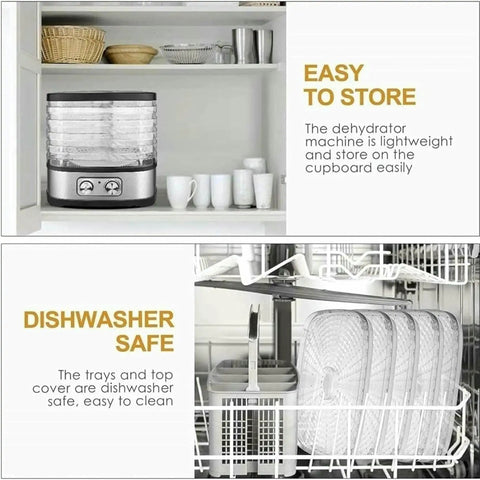 Hassle Free Countertop Electric Food Dehydrator With Five Generous Removable Trays and a Simple Digital Dial stored in cupboard.