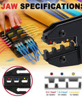 Go To Ratcheting Crimping Tool For Heat Shrink Connectors And Insulated Terminals Awg 20 To 10 Heavy Duty Grease Monkey Approved showing jaw specifications with color coding.