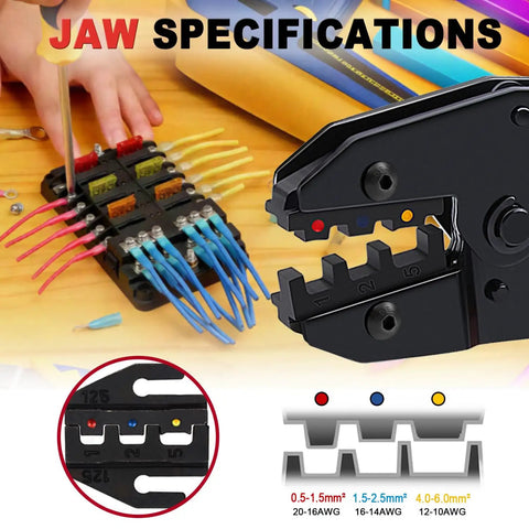 Go To Ratcheting Crimping Tool For Heat Shrink Connectors And Insulated Terminals Awg 20 To 10 Heavy Duty Grease Monkey Approved showing jaw specifications with color coding.