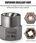 Close-up of 17mm Cr-Mo hex drive from 14 Piece Bolt Extractor Set For Stripped Rusted And Damaged Bolts With Hex Drive.