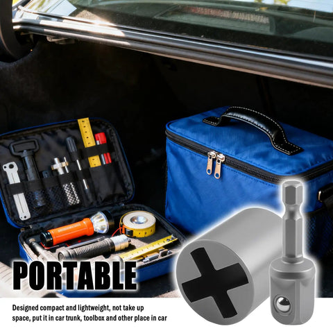 Heavy Duty Universal Scissor Jack Drill Adapter Kit Fast Car Lift Converter for Hand Drills and Impact Wrenches shows tools in a car trunk.