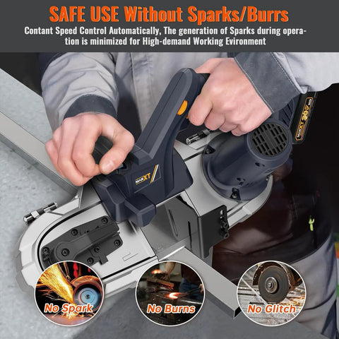 Person using Cordless Metal Bandsaw With Brushless Motor, 20V Max, Two And A Half Inch Cutting Capacity, Six Speeds, Sparks Free Metal Cutting